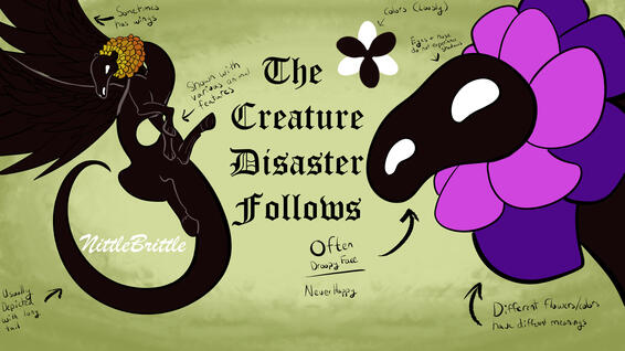 Long and skinny black creature with wings and mixed animalistic features. Has flowers surrounding it's head and a droopy face.