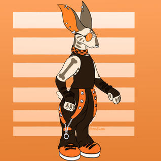 Belongs to cowsuponcows on ToyHouse - Brown hare with bone-like markings and orange ears wearing a tight-fit black tank, black pants with orange belts, orange shoes, long black fingerless gloves, checkered collar, and orange sun-glasses.
