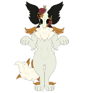 White anthro cat with gold wings on shoulders, ankles and tail. Head is a skull with bird feathers and dark flowers surrounding it. - Belongs to SolarDoodle on ToyHouse