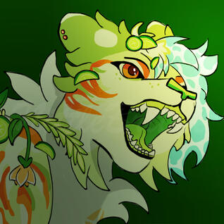 White and Green cat with orange stripes and blue spotted hair. Has limes and flowers in hair and has mouth open, smiling off camera.