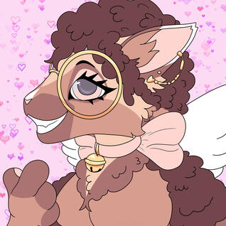 For AlyCatArt on ToyHouse - Anthro pink-brown sheep with gold glasses, earings, and a pink bell/bow collar looks over shoulder to viewer with a two-finger heart.