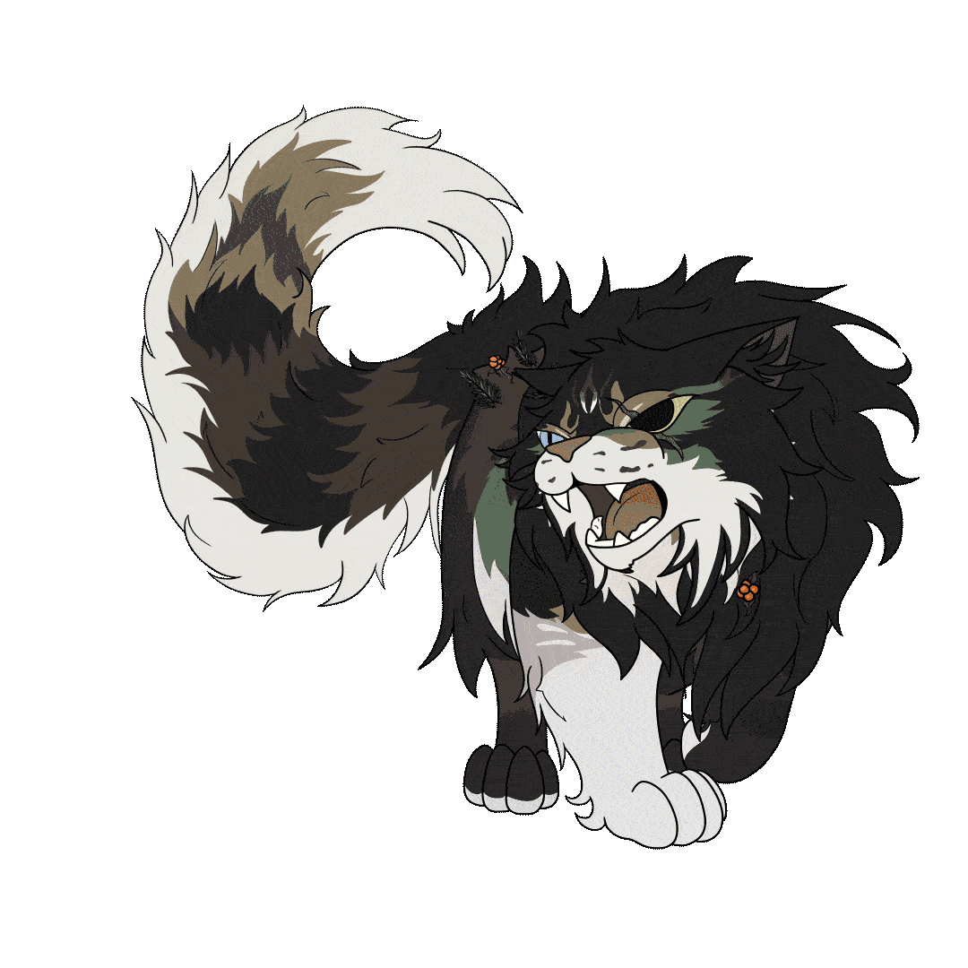 Belongs to MorningBreezes on TH. Brown tabby cat with scars and plants in fur snarling in a defensive pose.