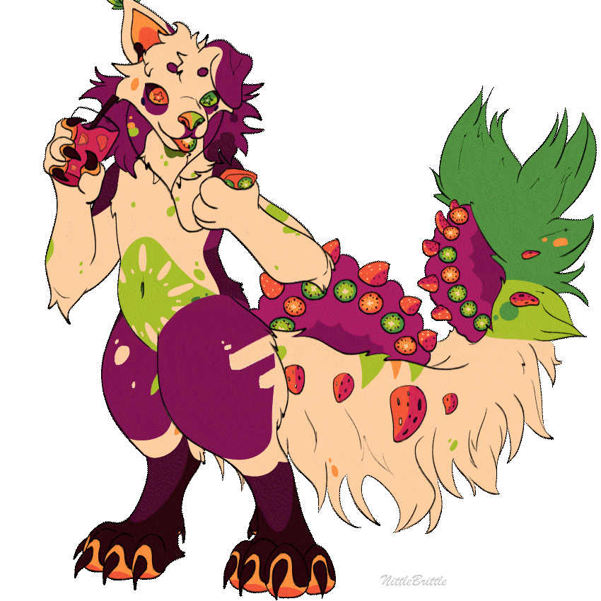 Belongs to YourLocalartistLunis on TH - Cream anthro dog with purples mane and legs and a tail with green spots and two purple crests holding a smoothie and listening to music.
