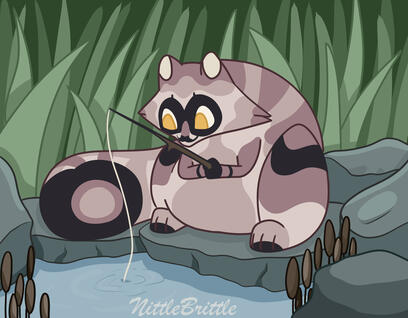 Racoon fishing in a small pond.