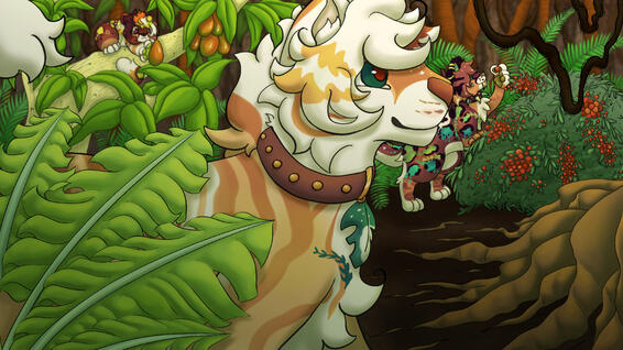 For Andiloo on TH, Orange striped feline walking through a jungle scene with a colorful spotted feline and mango-inspired feline picking fruit in the background.
