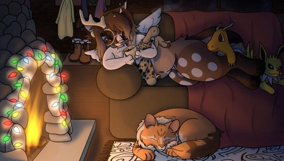 For alycatart on TH - Brown-themed anthro character with antlers and wings lying on a couch cuddled up with stuffed animals and a warm cup of coco in front of a festive fireplace. An orange cat lies sleeping in front of her.