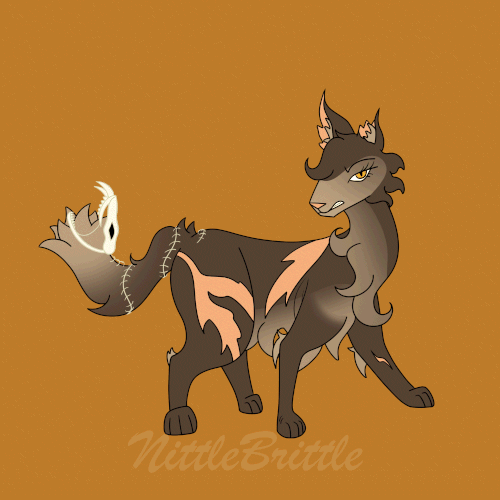 My character - Brown cat with scars and a snake skeleton around her tail bounces angeryly.