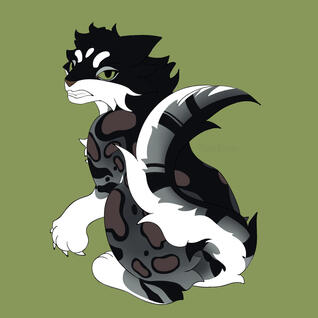 Commission for Jadeseal on TH - White cat with black/brown rosetts and a black face mask sits looking back agitated with claws out.